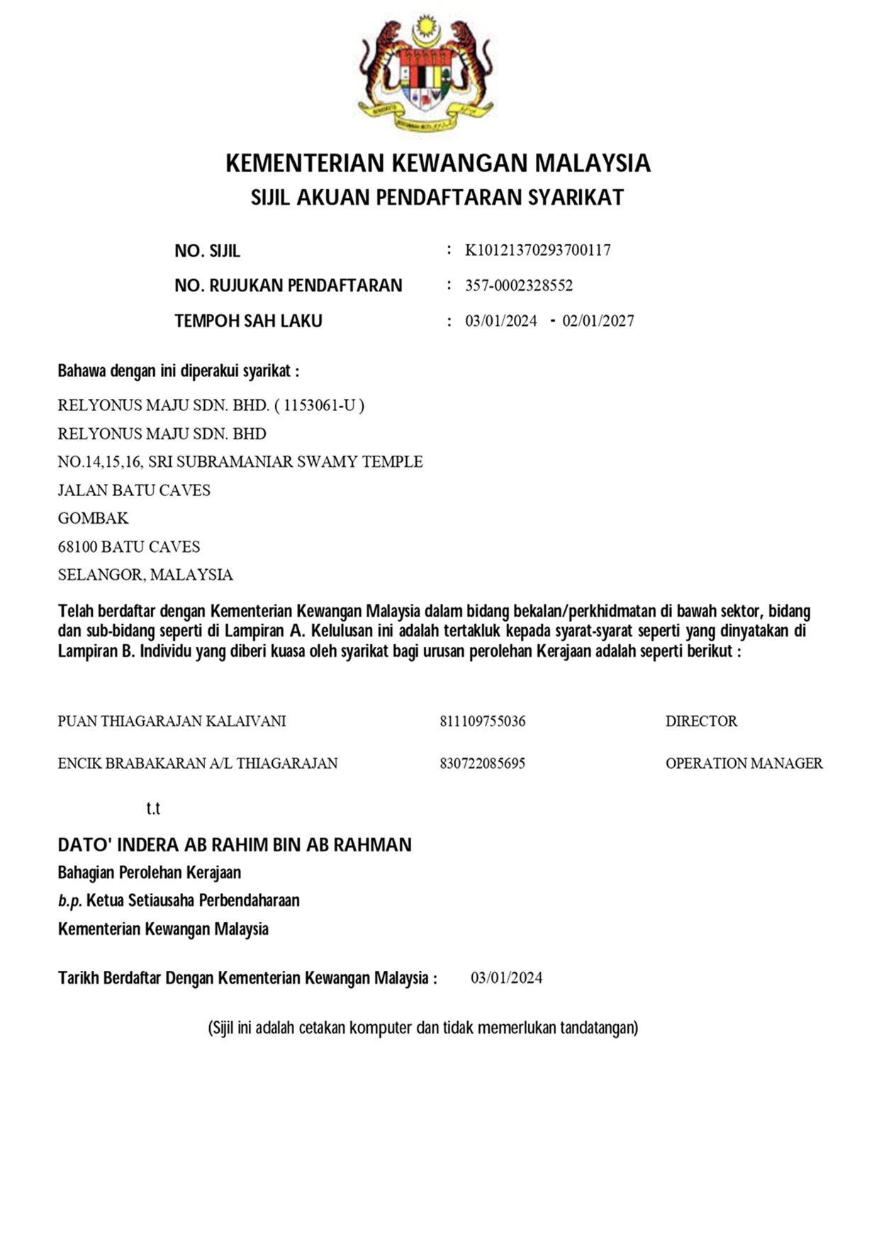 MOF Certificate